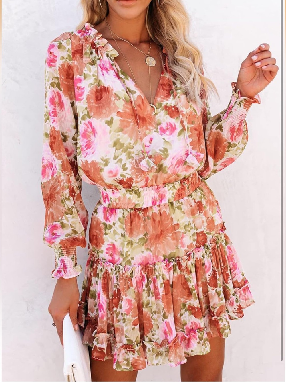 Women’s Casual Long Sleeve Smocked Ruffle Layer Tunic Dress Swing Mini Dress